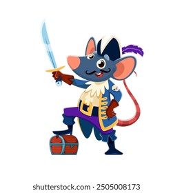 Cartoon rat or mouse animal pirate sailor character. Isolated vector charming and brave rodent captain with sword, treasure chest and a daring blue and gold coat, ready for adventure on the high seas