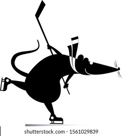 Cartoon rat or mouse an ice hockey player black on white illustration. Cartoon rat or mouse plays ice hockey original silhouette isolated 
