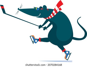 Cartoon rat or mouse an ice hockey player illustration. Smiling rat or mouse plays ice hockey isolated on white