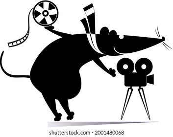 Cartoon rat or mouse, movie projector, tape illustration. Funny rat or mouse stands near the movie projector and holds a tape black on white