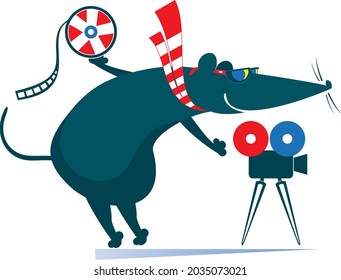 Cartoon rat or mouse, movie projector, tape illustration. Funny rat or mouse stands near the movie projector and holds a tape isolated on white