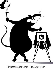 Cartoon rat or mouse a photographer isolated illustration. Funny rat or mouse makes photo using a retro camera black on white
