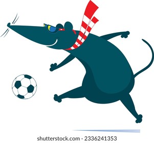 Cartoon rat or mouse plays football illustration. 
Cartoon rat or mouse kicks a ball. Isolated on white background
