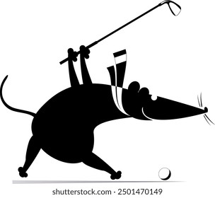 Cartoon rat or mouse plays golf. 
Funny rat or mouse tries to do a good shot. Black and white illustration
