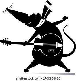 Cartoon rat or mouse plays guitar illustration. Rat or mouse plays guitar silhouette black on white
