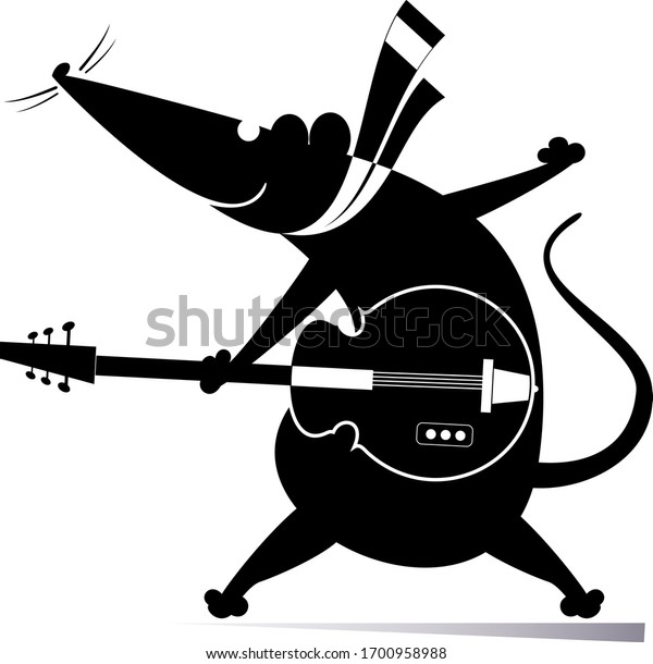 漫画のネズミやネズミがギターのイラストを弾く ラットまたはマウスが白い背景にギターのシルエットを弾く のベクター画像素材 ロイヤリティフリー