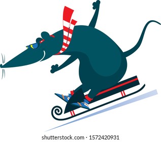 Cartoon rat or mouse rides on sledge illustration. Cartoon rat or mouse rides on sledge isolated on white illustration
