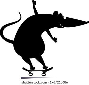 Cartoon rat or mouse a skateboarder isolated illustration. Cartoon rat or mouse rides on the skateboard black on white background
