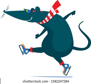 Cartoon rat or mouse a skater illustration. Funny rat or mouse is skating isolated on white illustration
