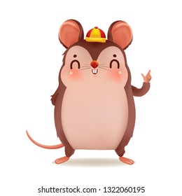Cartoon rat personality. Front view. Zodiac symbol of the year 2020. Chinese New Year, the year of the rat. It is pointing up the hand and smiling. Cute Chinese style hat. Vector cartoon illustration 