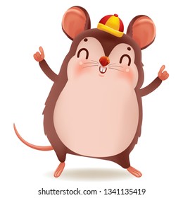 Cartoon rat personality. Front view. Zodiac symbol of the year 2020. Chinese New Year, the year of the rat. It is pointing up the hand and smiling. Cute Chinese style hat. Vector cartoon illustration 