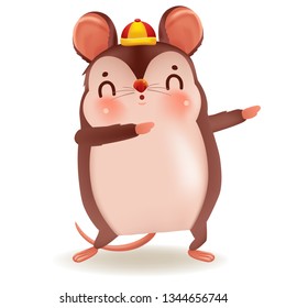 Cartoon rat personality. Front view. Zodiac symbol of the year 2020. Chinese New Year, the year of the rat. It is pointing up the hand and smiling. Cute Chinese style hat. Vector cartoon illustration 