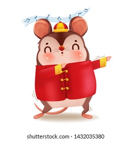 Cartoon rat personality. Front view. Zodiac symbol of the year 2020. Chinese New Year, the year of the rat. It is Dance, jumping and smiling. Cute Chinese style hat. Vector cartoon illustration. 	