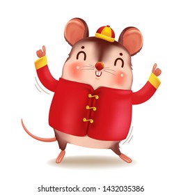 Cartoon rat personality. Front view. Zodiac symbol of the year 2020. Chinese New Year, the year of the rat. It is pointing up the hand and smiling. Cute Chinese style hat. Vector cartoon illustration 