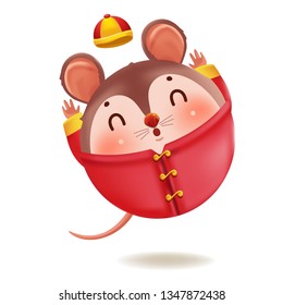 Cartoon rat personality. Red cheongsam dress. Zodiac symbol of the year 2020. Chinese New Year, the year of the rat. It is showing gestures and smiling. Cute Chinese style hat. Vector 