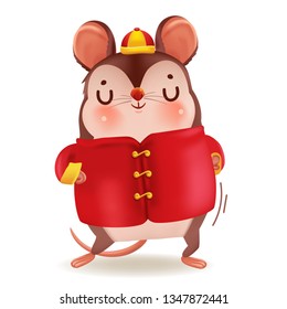 Cartoon rat personality. Red cheongsam dress. Zodiac symbol of the year 2020. Chinese New Year, the year of the rat. It is showing gestures and smiling. Cute Chinese style hat. Vector 