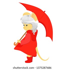 Cartoon rat with red umbrella. Year of the rat. Chinese horoscope. Beauty mouse. 