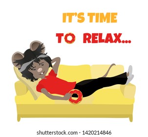 Cartoon rat. Resting with a donut in his hand on sofa. It's time to relax. Cute mouse.	