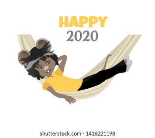 Cartoon rat riding a hammock. Happy 2020. Cute mouse.	