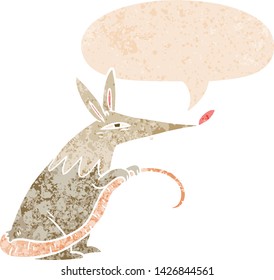 cartoon rat with speech bubble in grunge distressed retro textured style