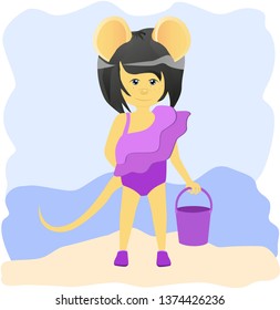 Cartoon rat  in a swimsuit and a bucket in her hands on the beach. Year of the rat. Chinese horoscope. Beauty mouse. 