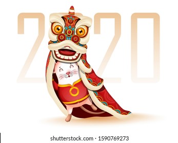 Cartoon Rat wearing Dragon Costume on White Background for Chinese New Year 2020 Celebration.