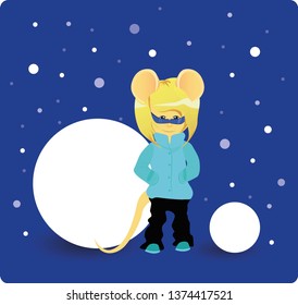 Cartoon rat in winter overalls under the snow. Year of the rat. Chinese horoscope. Beauty mouse. 