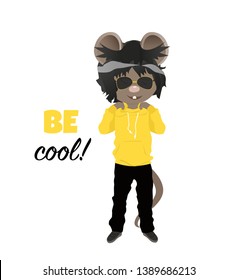 Cartoon rat in yellow hoodie. Be cool. Year of the rat. Chinese horoscope. Beauty mouse.	