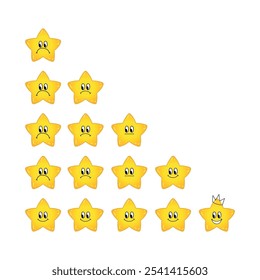 Cartoon rating stars. Funny yellow star with different emotions. Cute review or feedback characters. Adorable charming ratings nowaday vector elements