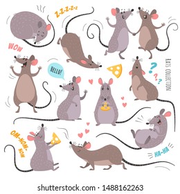 Cartoon Rats Collection. Vector Illustration Of Funny Rats In Various Poses And Actions. Isolated On White.