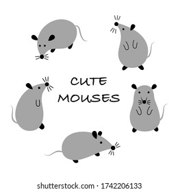 Cartoon rats. Set of 5 cute gray mouses in different poses on a white background. Vector flat illustration. 