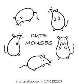 Cartoon rats. Set of 5 cute black and white mouses in different poses on a white background. Vector flat illustration. 