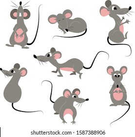 Cartoon rats set for design. Vector illustration of funny collection mouse in various poses and actions. Isolated on white. Flat vector design.