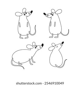 Conjunto de ratas de dibujos animados aislados sobre fondo blanco. Personajes lindos de roedores en diferentes poses. Animales de contorno divertido para pegatinas, baby shower, libros para colorear y otros. Ilustración vectorial.