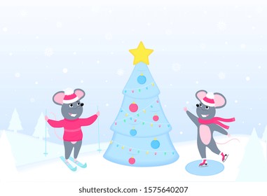 Cartoon rats skating and skiing near the Christmas tree. Winter fun. New Year 2020