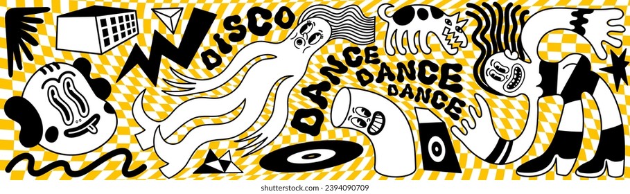 Cartel retro de música de dibujos animados. Fiesta de música Groovy con figuras minimalistas de bailarinas o fondo a cuadros. Ideal para diseño vintage, animación, pegatinas, v