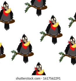 A cartoon raven from a fable about to eat cheese.Isolated drawing.Childrens background.Background and texture.Vector graphics.