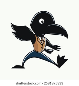 Cartoon raven in a tan vest and blue pants, mid-stride.