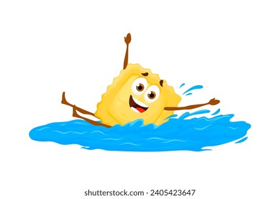 Cartoon ravioli pasta personaje nadando en el mar, el océano o el agua de la piscina. Graciosos macarrones de nadador, feliz sonriente vector personage de la pasta italiana comida divertida en olas de agua azul, vacaciones de verano en la playa