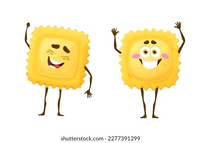 Cartoon ravioli pasta characters. Isolated vector funny macaroni personages with friendly positive faces. Italian cuisine kawaii emoji, cute adorable dinner emoticon, comic pasta noodles dish of Italy