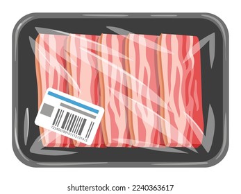 Cartoon raw bacon. Pork red bacon slices in vacuum plastic packaging, tasty bacon rashers packed with polyethylene flat vector illustration on white background