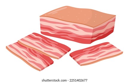 Cartoon roher Speck. Schweineroter Speck, schmackhafter Räucherspeck oder salzige Salo-Rasher, flache Vektorgrafik auf weißem Hintergrund