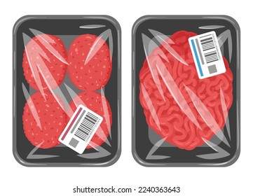 Kartoon rohes, gehacktes Fleisch. Rind- oder Schweinefleischminze in Vakuum-Plastikverpackungen, schmackhaftes Fleisch, verpackt mit Polyethylen-flache Vektorgrafik auf weißem Hintergrund