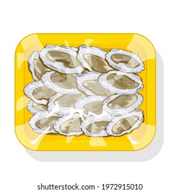 Cartoon Of Raw Clam In Shell, Package Of Iced Seafood Product. Vector Ocean Food Delivery To Restaurants And Cafe, Plastic Tray. Concept Of Eating, Cooking, Healthy Food Isolated On White Background