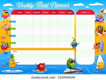 Cartoon raw fruits on summer beach vacation weekly meal planner schedule, organizer check list. Vector food plan with mango, mandarin, garnet and apple, peach, pineapple or pear, plum, kiwi characters