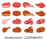 Cartoon raw and grilled meat steak, fresh burger patty. Roasted, grilled pork and beef steaks, raw meat semi-finished products flat vector illustration set. Butcher shop food