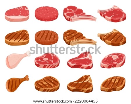 Cartoon raw and grilled meat steak, fresh burger patty. Roasted, grilled pork and beef steaks, raw meat semi-finished products flat vector illustration set. Butcher shop food
