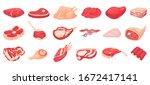 Cartoon raw meat. Bacon, steak and beef minced meat. Rack of ribs, chicken breast and pork loin vector set. Chicken and beef for barbecue, cartoon steak pork illustration