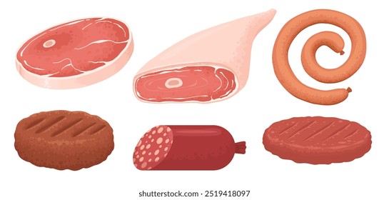 Carne cruda de dibujos animados. Tocino, filete y carne picada de res. Rack de costillas, pechuga de pollo y Vector de lomo de cerdo. Pollo y carne para barbacoa, ilustración de carne de cerdo de caricatura sobre fondo blanco