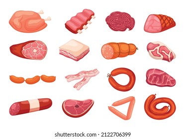 Cartoon raw meat food. Fresh farm animal products, protein meal, chicken, sausages and steak, beef and pork, sheep meat ingredients, bacon and salami, barbecue grill menu, vector set